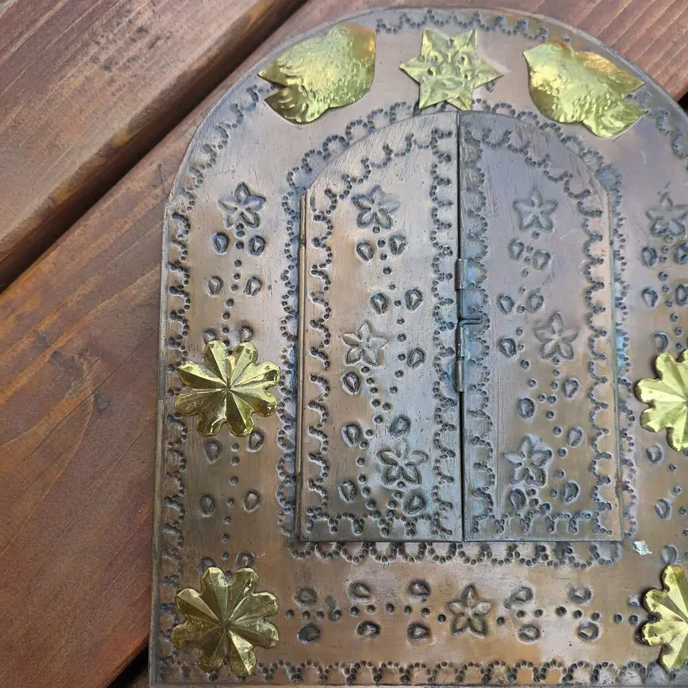 VTG Punched Tin Arched Wall Mirror Brass Birds Southwest Santa Fe Boho Folk Art